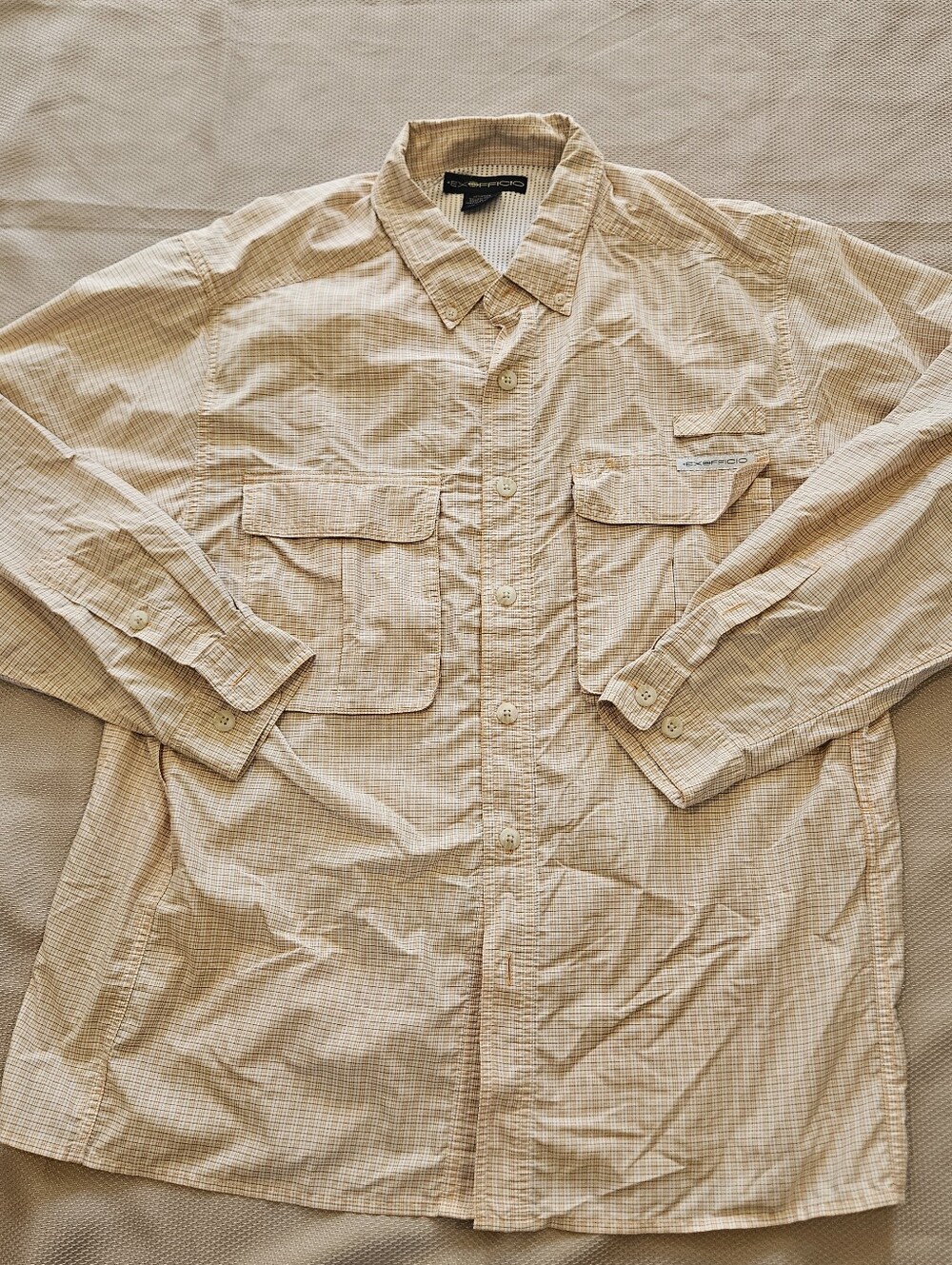 ExOfficio Men's L Vented Long Sleeve Fishing Hiking Shirt Orange Plaid Light